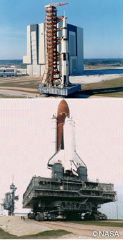 サターンロケット(上)スペースシャトル(下)移動発射台